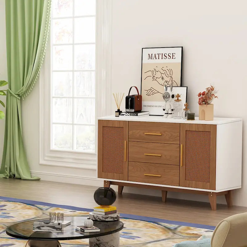 Rattan Side Cabinet with Drawers Black White Wood Storage