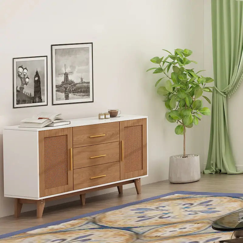 Rattan Side Cabinet with Drawers Black White Wood Storage