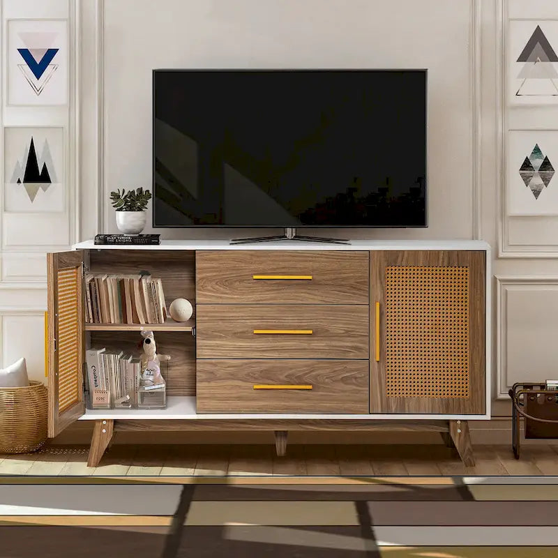 Rattan Side Cabinet with Drawers Black White Wood Storage