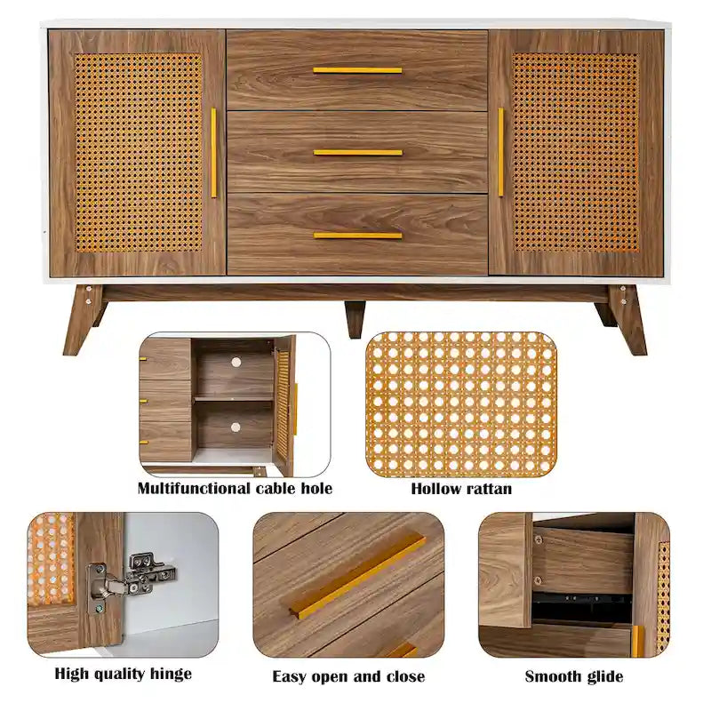 Rattan Side Cabinet with Drawers Black White Wood Storage