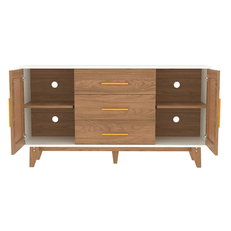 Rattan Side Cabinet with Drawers Black White Wood Storage