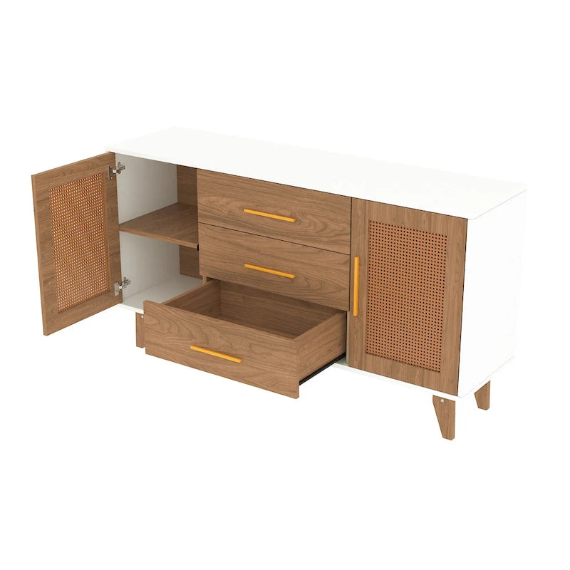 Rattan Side Cabinet with Drawers Black White Wood Storage