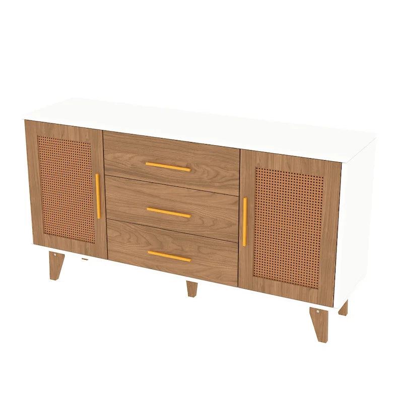 Rattan Side Cabinet with Drawers Black White Wood Storage