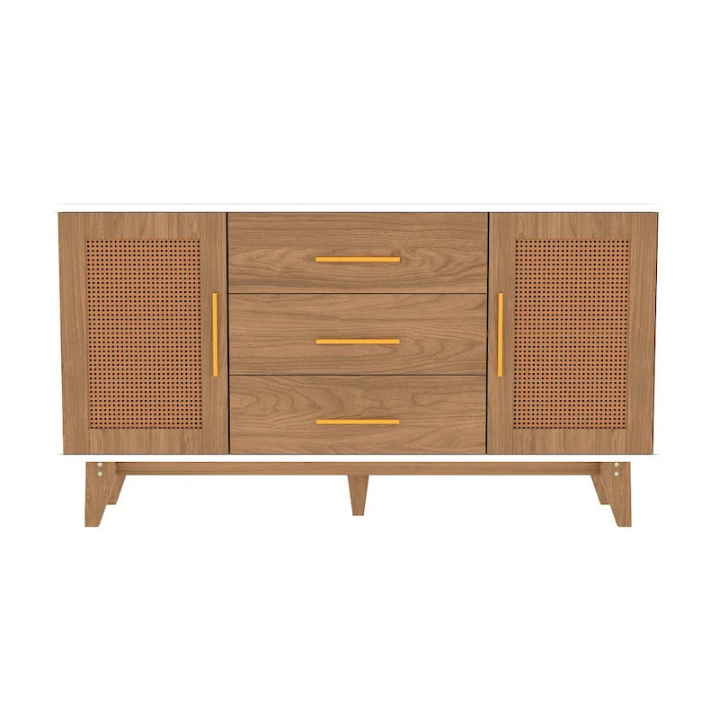 Rattan Side Cabinet with Drawers Black White Wood Storage