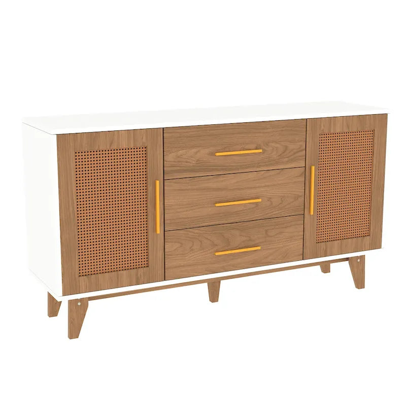 Rattan Side Cabinet with Drawers Black White Wood Storage