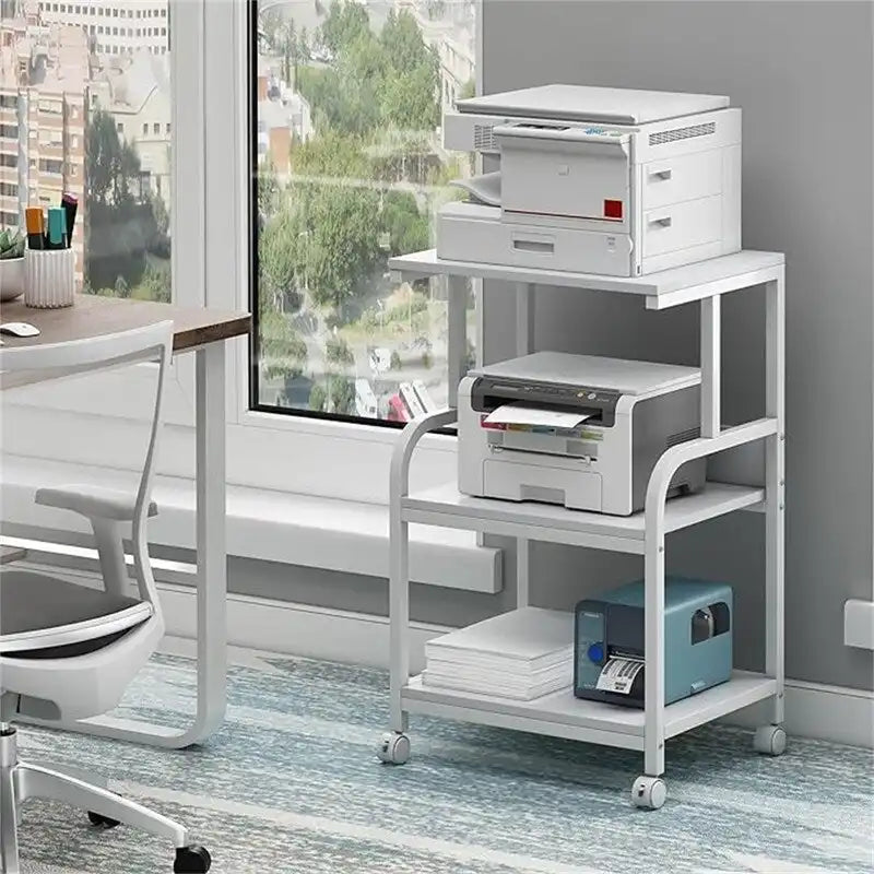 3-Tier Rolling Printer Stand with Wheels and Adjustable Feet White