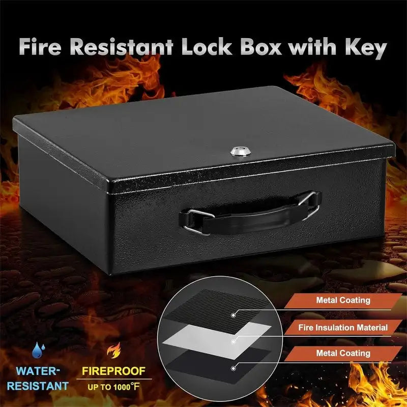Steel Fireproof Security Box with Key Lock and Carry Handle