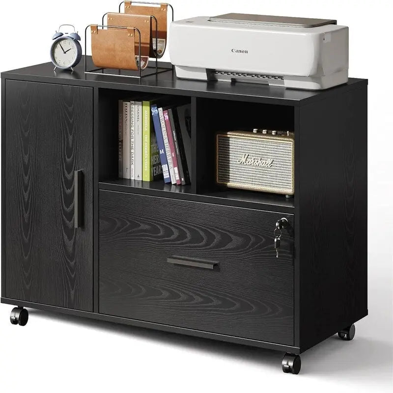Meuble Classeur Mobile en Bois avec Tiroir Verrouillable et Rangement Ouvert