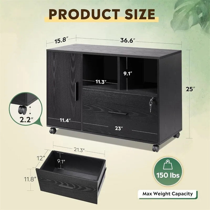 Mobile Wood Filing Cabinet with Lockable Drawer and Open Storage