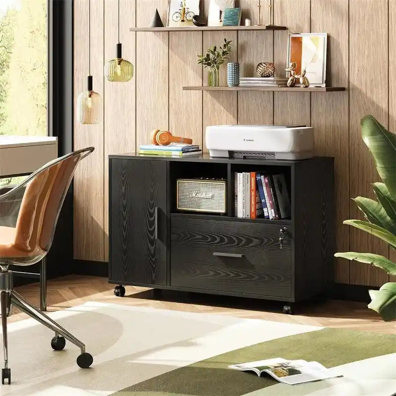Mobile Wood Filing Cabinet with Lockable Drawer and Open Storage