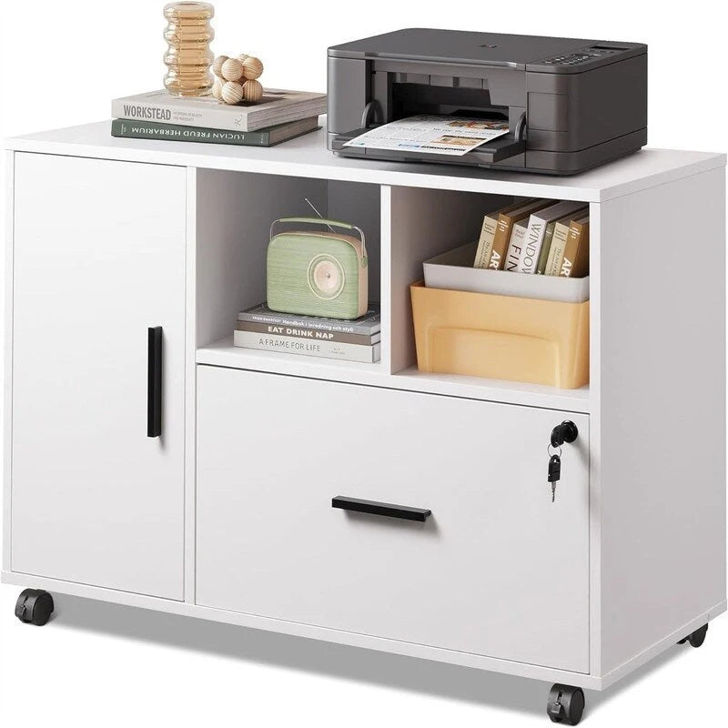 Mobile Wood Filing Cabinet with Lockable Drawer and Open Storage