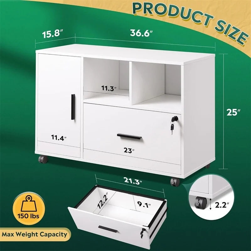Mobile Wood Filing Cabinet with Lockable Drawer and Open Storage