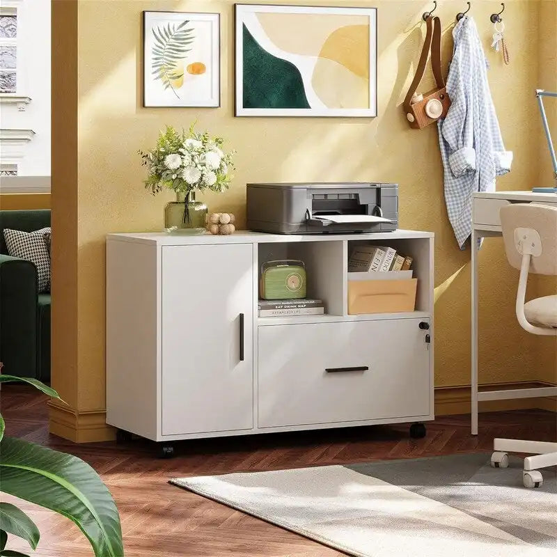 Mobile Wood Filing Cabinet with Lockable Drawer and Open Storage