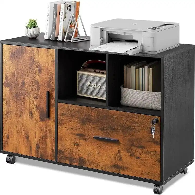 Mobile Wood Filing Cabinet with Lockable Drawer and Open Storage