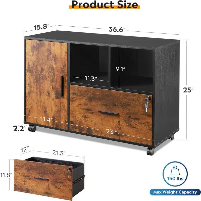 Mobile Wood Filing Cabinet with Lockable Drawer and Open Storage