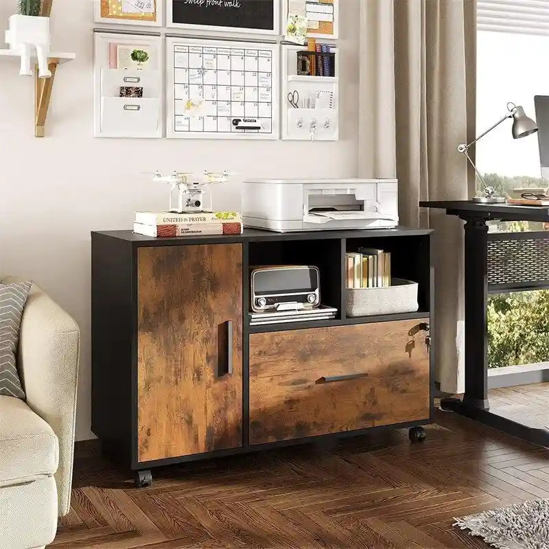 Mobile Wood Filing Cabinet with Lockable Drawer and Open Storage