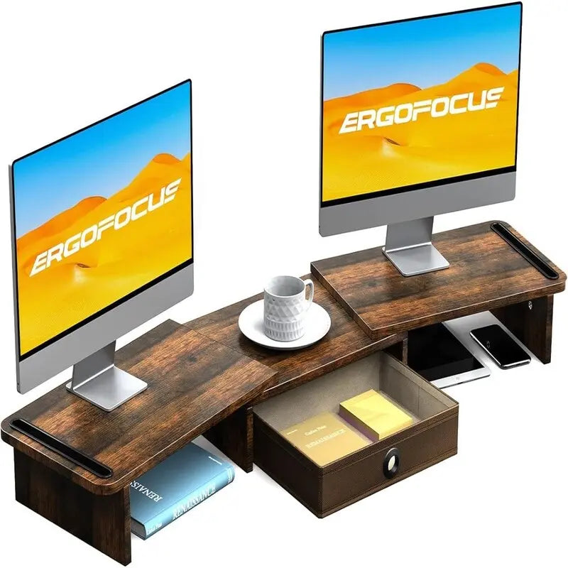 Support d'écran double réglable avec tiroir de rangement, organiseur de bureau noir