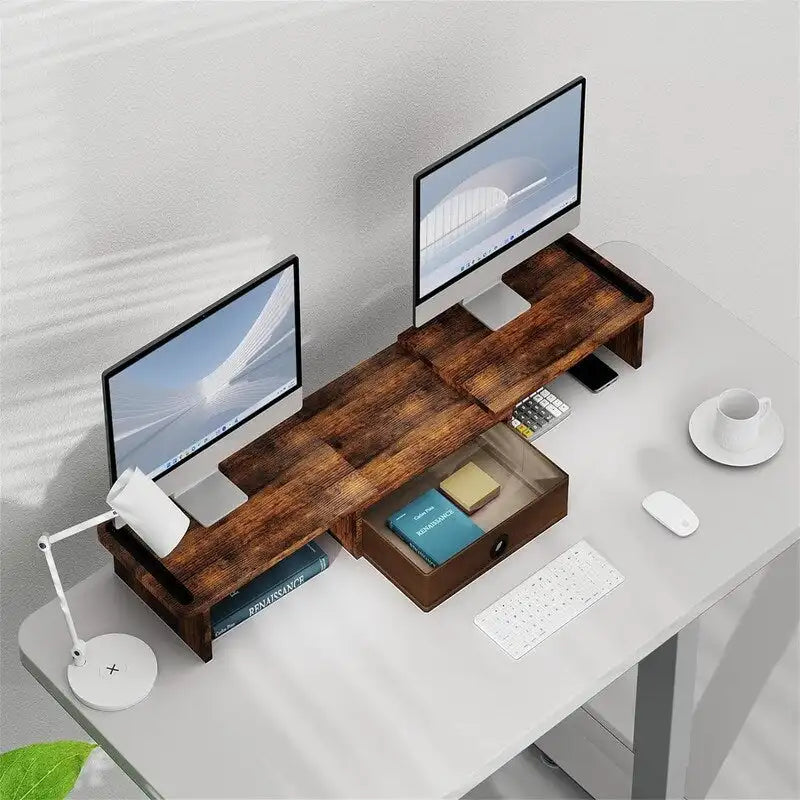 Adjustable Dual Monitor Stand Riser Desk Organizer with Storage Drawer Black