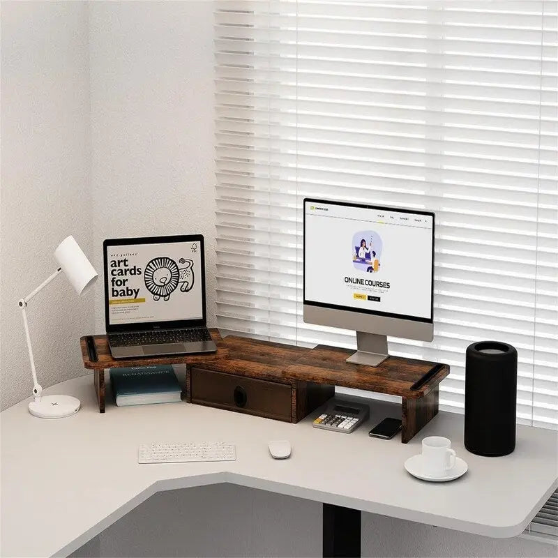 Adjustable Dual Monitor Stand Riser Desk Organizer with Storage Drawer Black