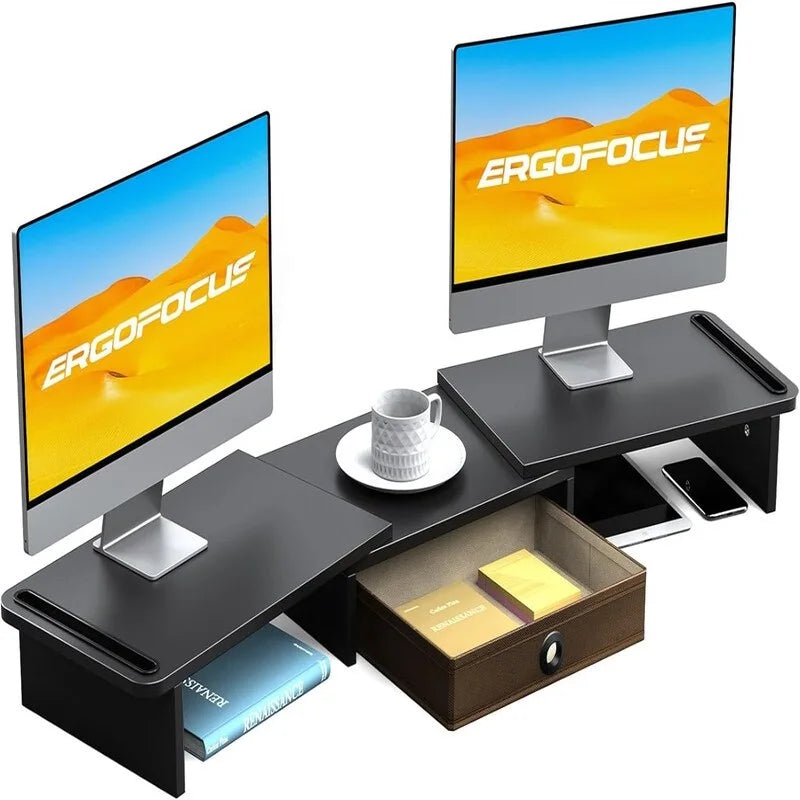 Adjustable Dual Monitor Stand Riser Desk Organizer with Storage Drawer Black