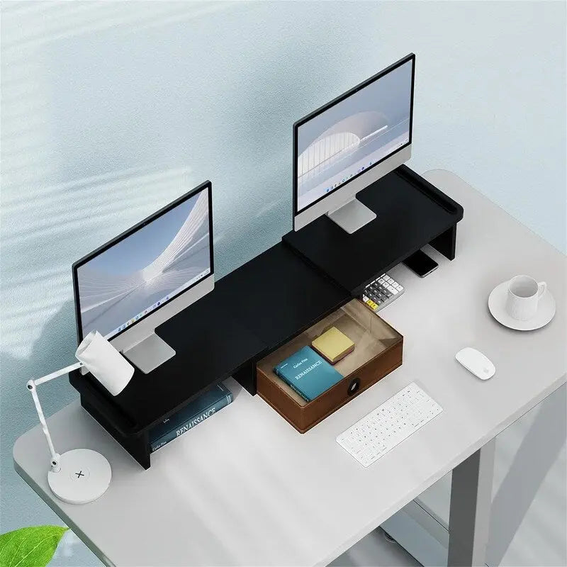 Adjustable Dual Monitor Stand Riser Desk Organizer with Storage Drawer Black