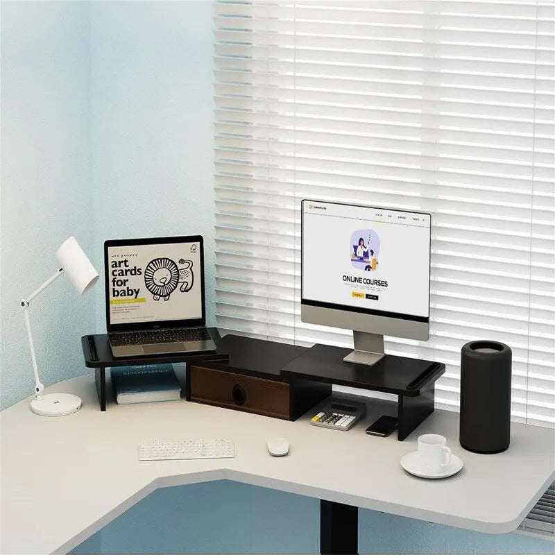 Adjustable Dual Monitor Stand Riser Desk Organizer with Storage Drawer Black