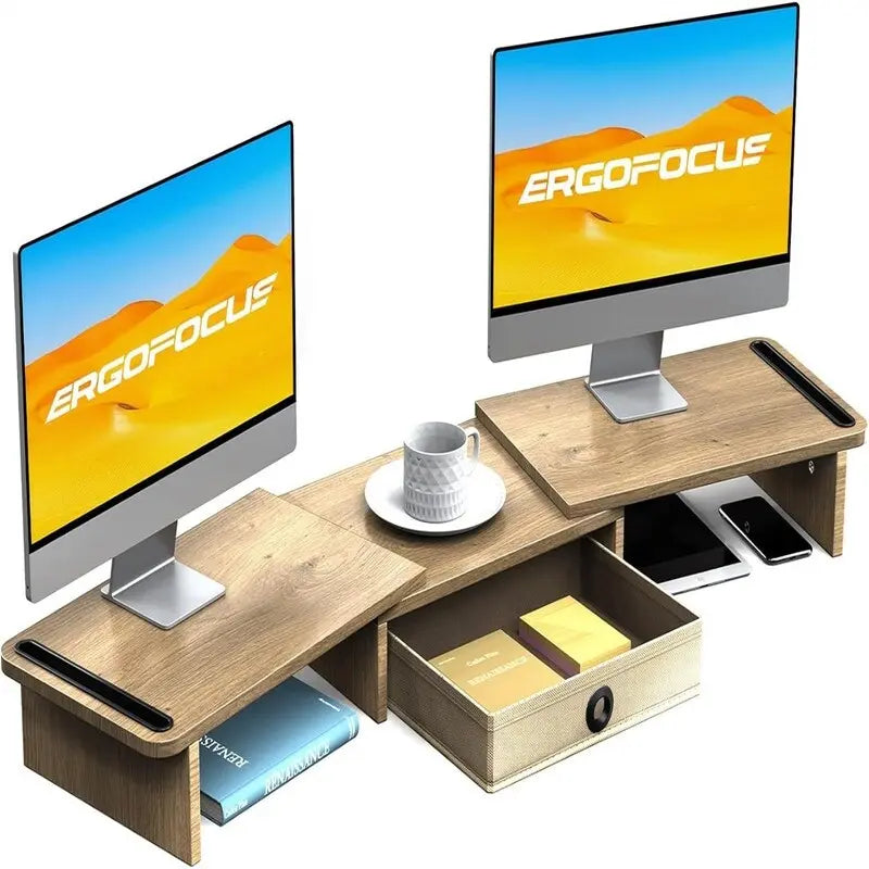 Adjustable Dual Monitor Stand Riser Desk Organizer with Storage Drawer Black