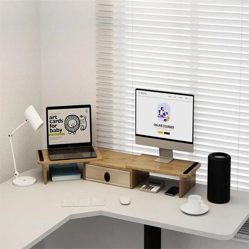 Adjustable Dual Monitor Stand Riser Desk Organizer with Storage Drawer Black