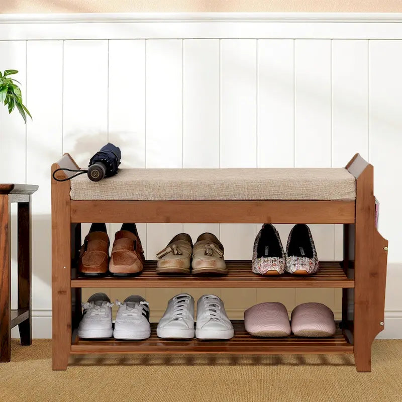 2-Tier Bamboo Shoe Rack Bench with Cushion and Umbrella Holder Brown