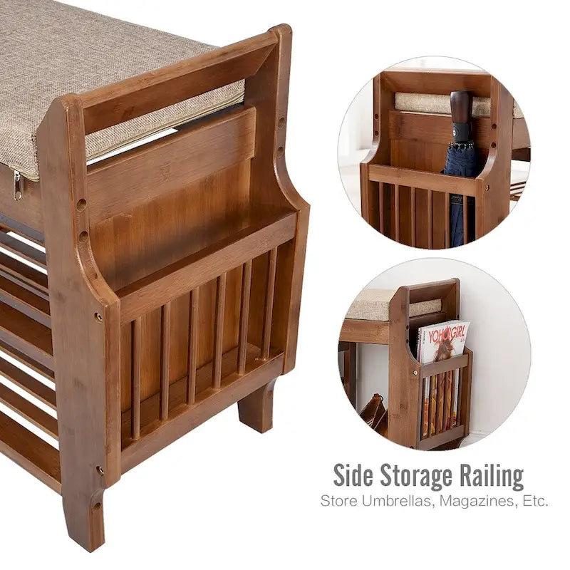 2-Tier Bamboo Shoe Rack Bench with Cushion and Umbrella Holder Brown