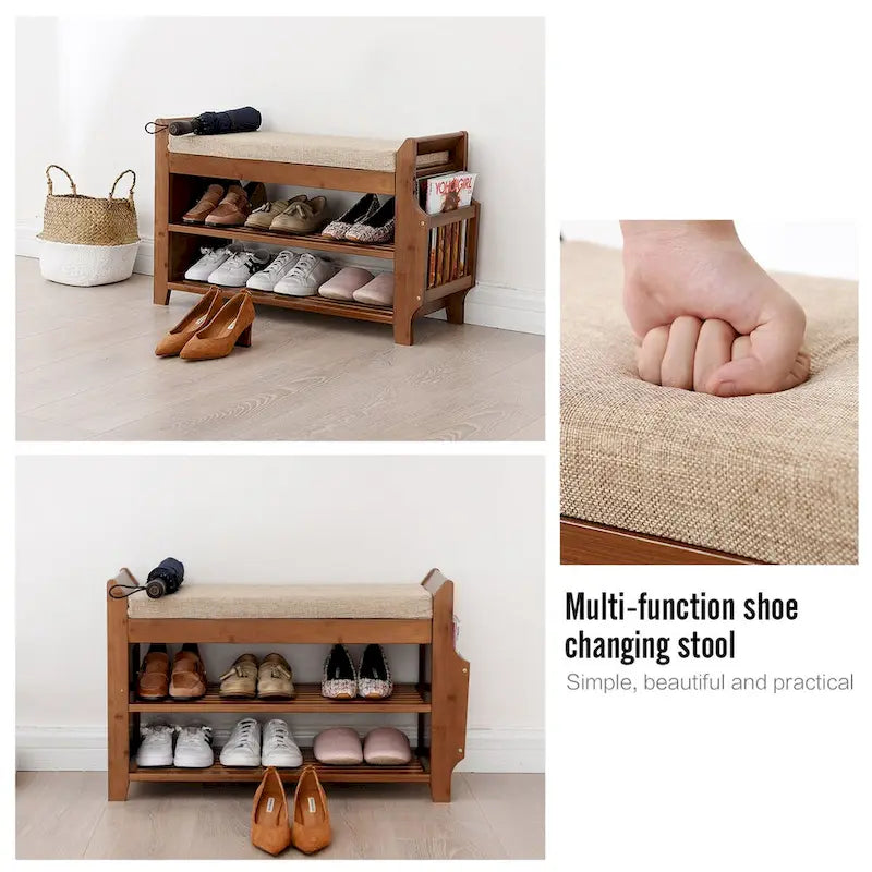 2-Tier Bamboo Shoe Rack Bench with Cushion and Umbrella Holder Brown
