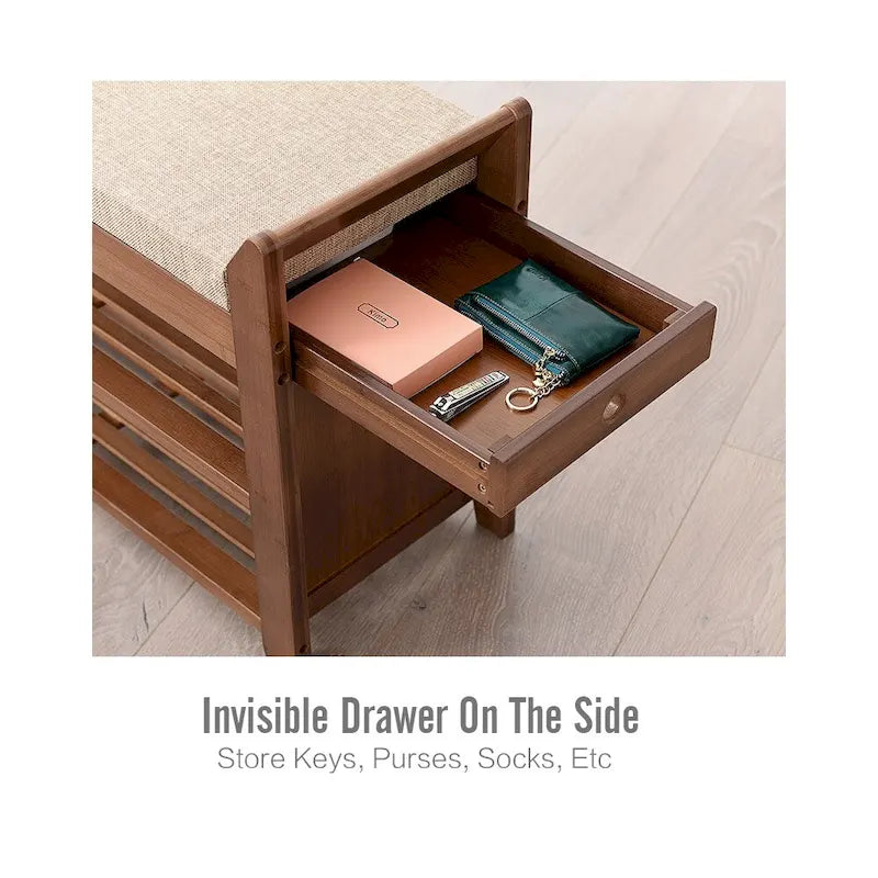 2-Tier Bamboo Shoe Rack Bench with Cushion and Umbrella Holder Brown