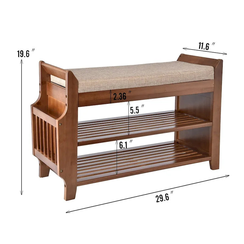 2-Tier Bamboo Shoe Rack Bench with Cushion and Umbrella Holder Brown
