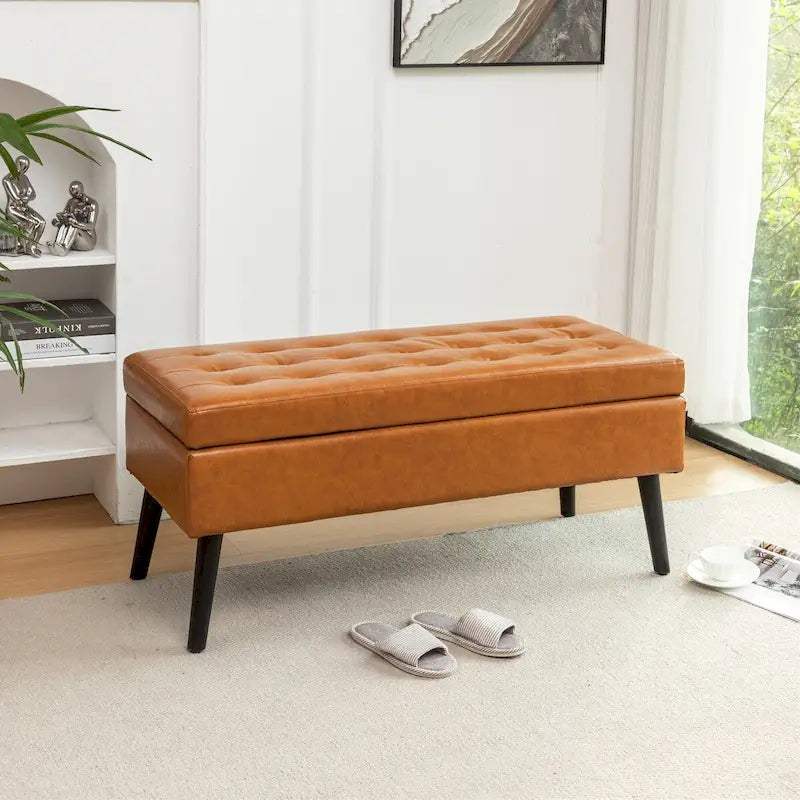 Banc de rangement capitonné en similicuir avec pieds en bois massif, gris et marron