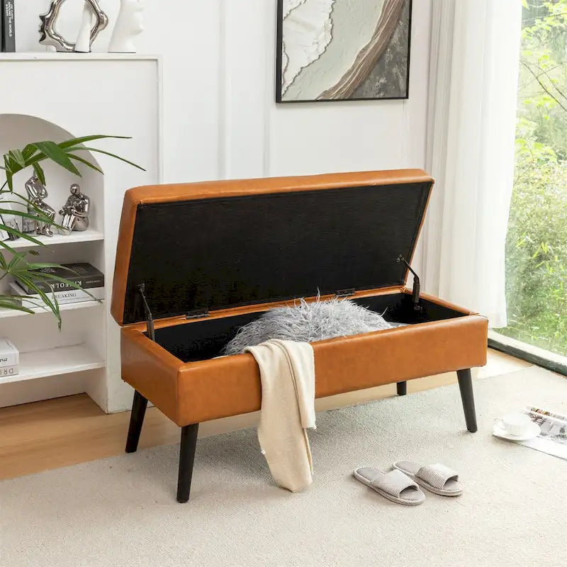 Tufted Faux Leather Storage Bench with Solid Wood Legs, Grey & Brown