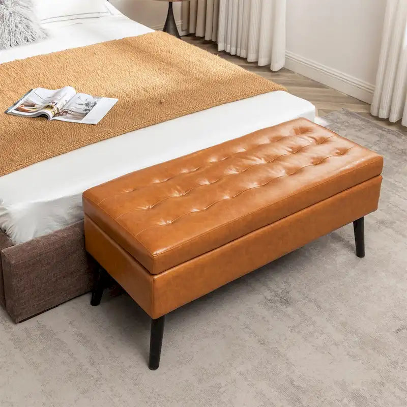 Tufted Faux Leather Storage Bench with Solid Wood Legs, Grey & Brown
