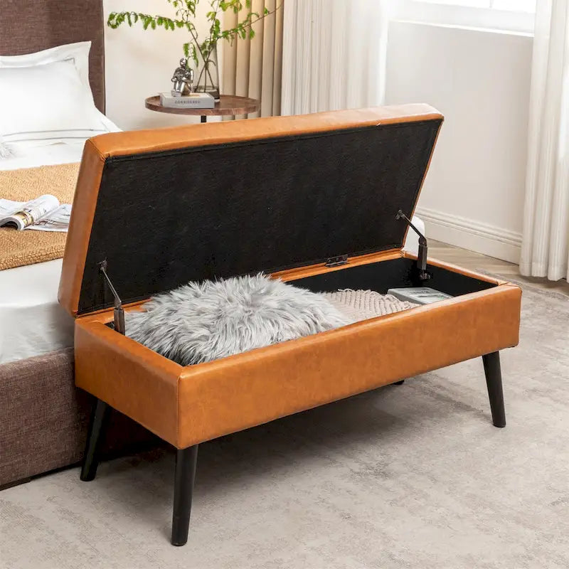 Tufted Faux Leather Storage Bench with Solid Wood Legs, Grey & Brown