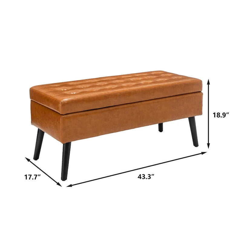 Tufted Faux Leather Storage Bench with Solid Wood Legs, Grey & Brown
