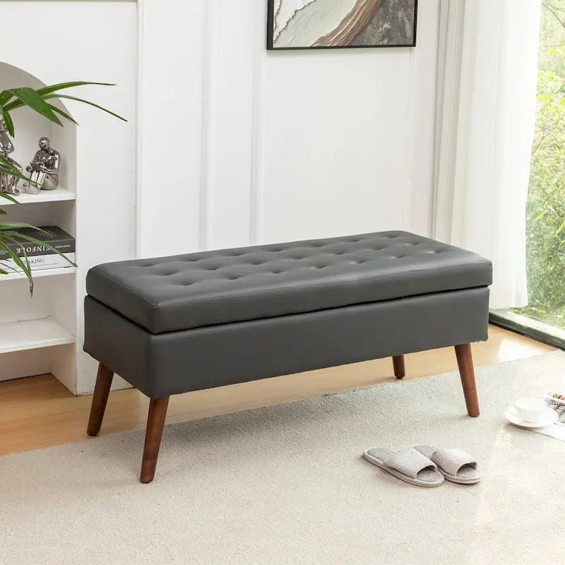 Tufted Faux Leather Storage Bench with Solid Wood Legs, Grey & Brown