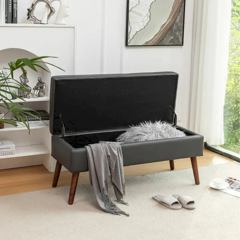 Tufted Faux Leather Storage Bench with Solid Wood Legs, Grey & Brown