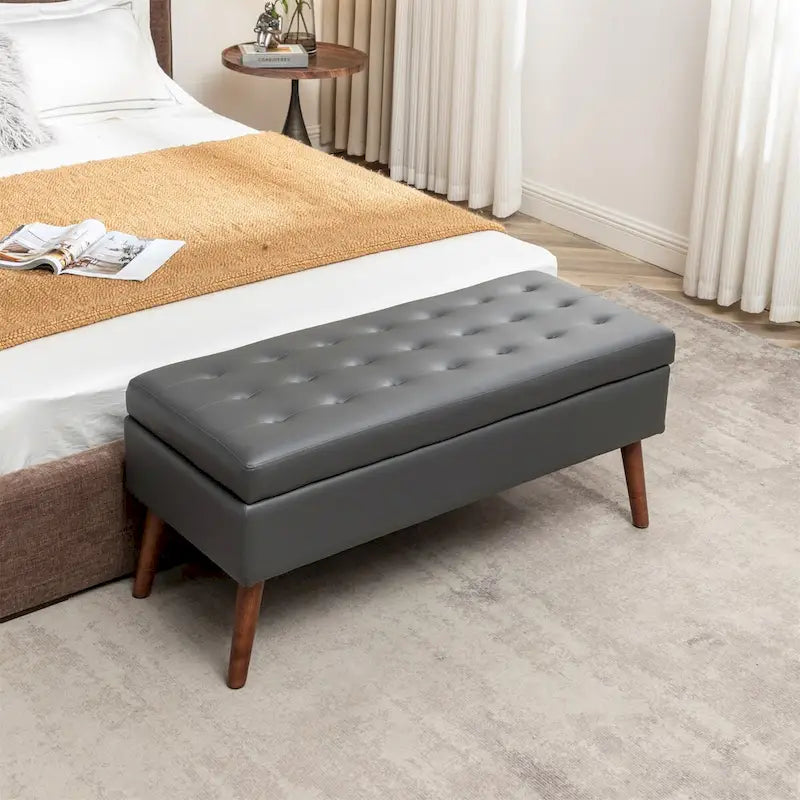 Tufted Faux Leather Storage Bench with Solid Wood Legs, Grey & Brown