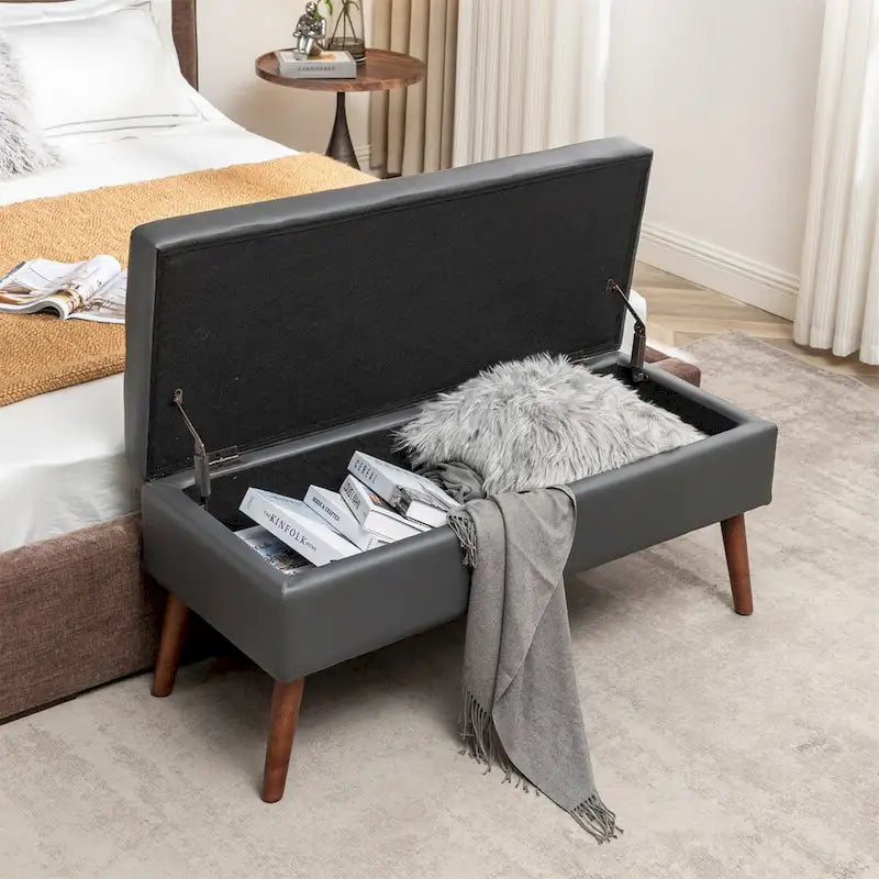 Tufted Faux Leather Storage Bench with Solid Wood Legs, Grey & Brown