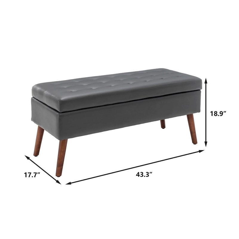 Tufted Faux Leather Storage Bench with Solid Wood Legs, Grey & Brown