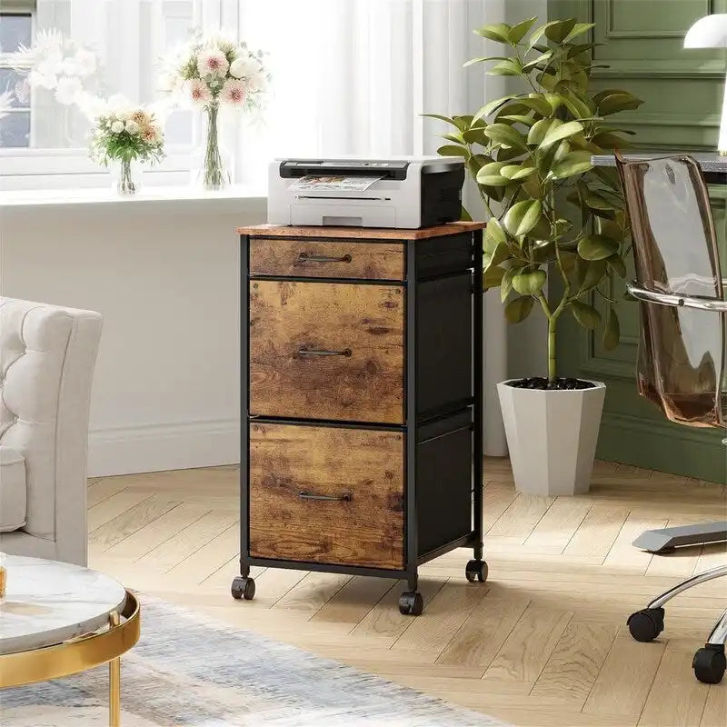 Rolling Mobile File Cabinet with 3 Drawers, Black and Brown