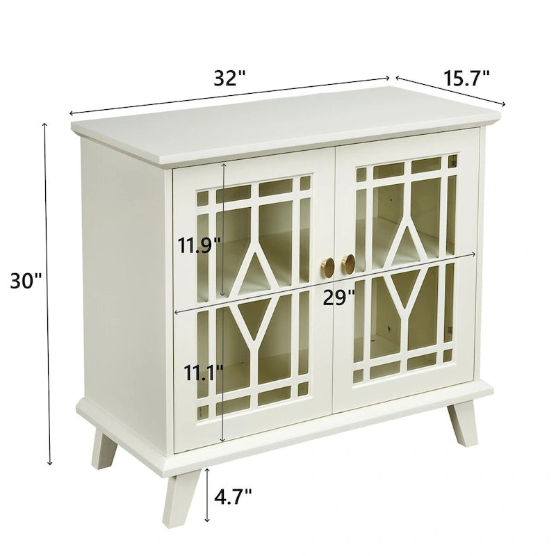 Antique White Sideboard Cabinet Tempered Glass Doors Gold Handles Living Room