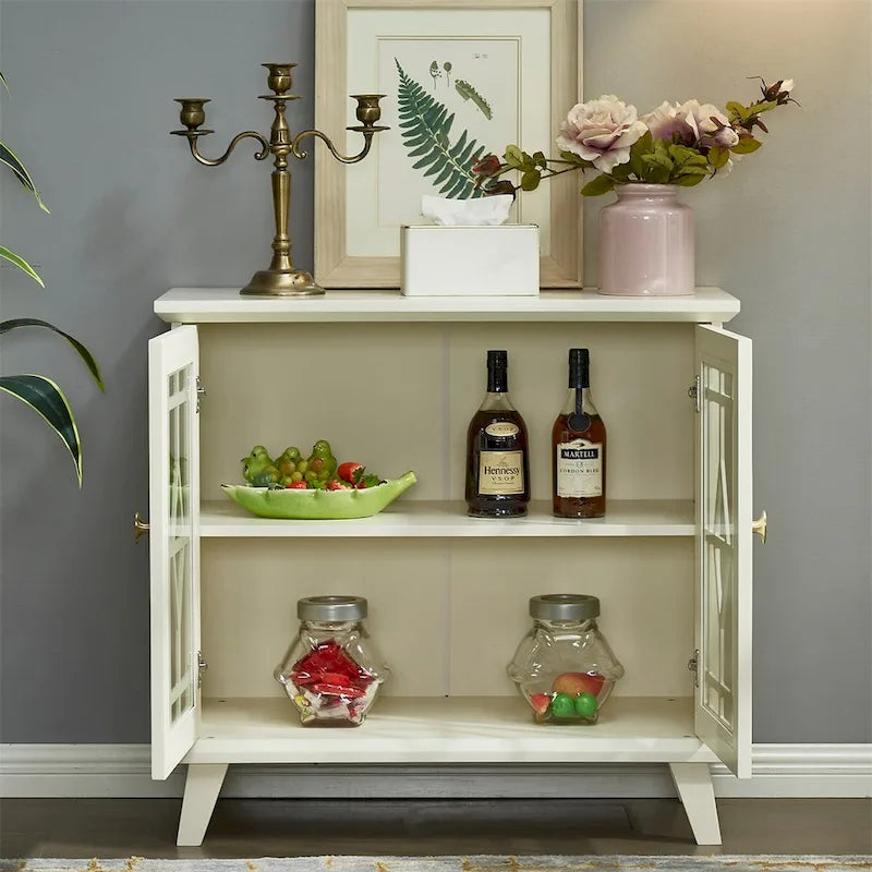 Antique White Sideboard Cabinet Tempered Glass Doors Gold Handles Living Room