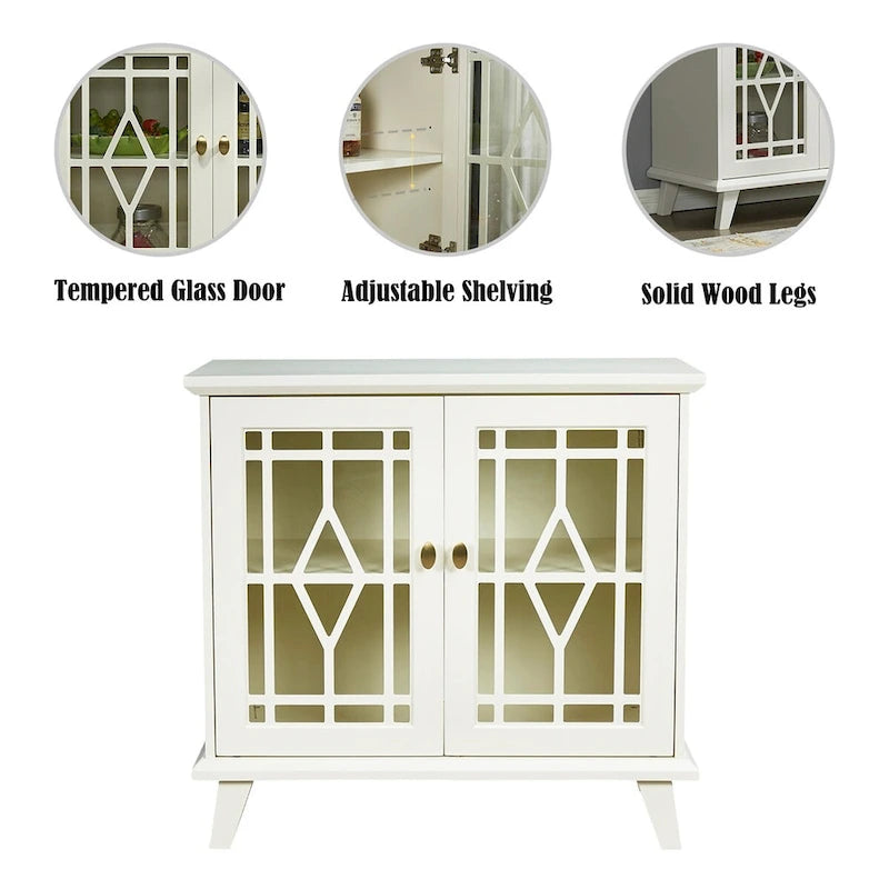 Antique White Sideboard Cabinet Tempered Glass Doors Gold Handles Living Room