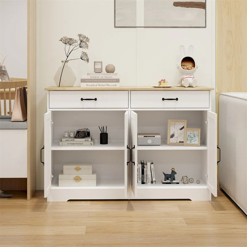 White Wood Grain Buffet Sideboard Cabinet with 2 Drawers 4 Doors
