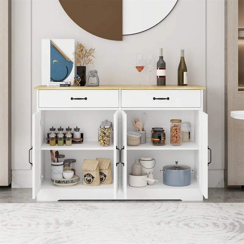 White Wood Grain Buffet Sideboard Cabinet with 2 Drawers 4 Doors
