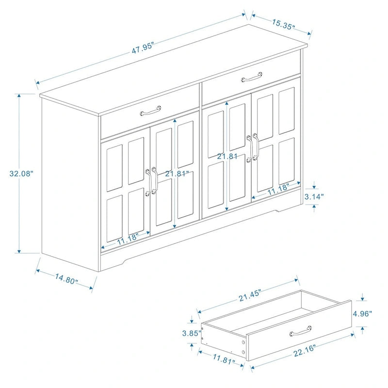 White Wood Grain Buffet Sideboard Cabinet with 2 Drawers 4 Doors
